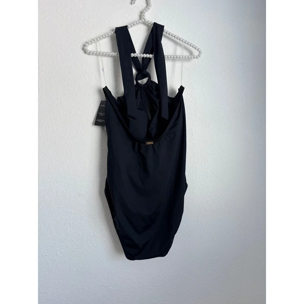 Lauren Ralph Lauren One Piece Swimsuit Womens 14 Black New Halter Ruched Keyhole